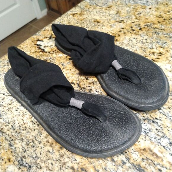 Sanuk Yoga Mat Black Fabric Flip Flop Sling Back Thong Sandals Women's Size 7 - Picture 2 of 6